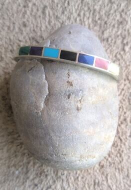 Vintage Zuni Sterling Silver Multi Stone Channel Inlay Geometric Cuff Bracelet